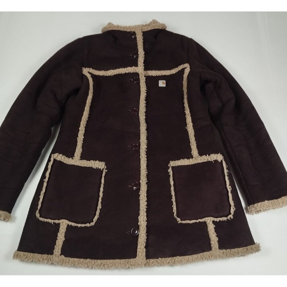Carhartt Women S Brown Faux Suede Sherpa Lined Fleece Jacket Button Up Coat